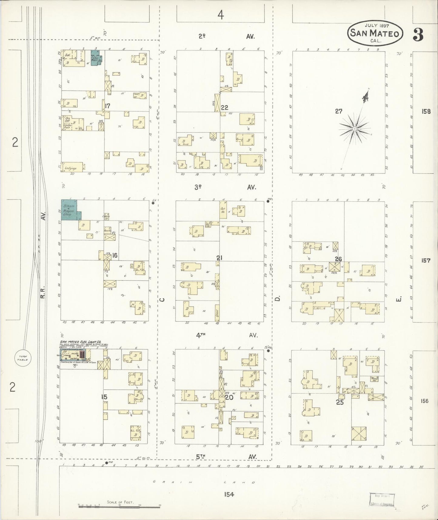 Sanborn Fire Insurance Map from San Mateo, San Mateo County, California (1897), Sheet #0003 - Complete Map Set gallery image, historic Sanborn map, vintage wall art, California California