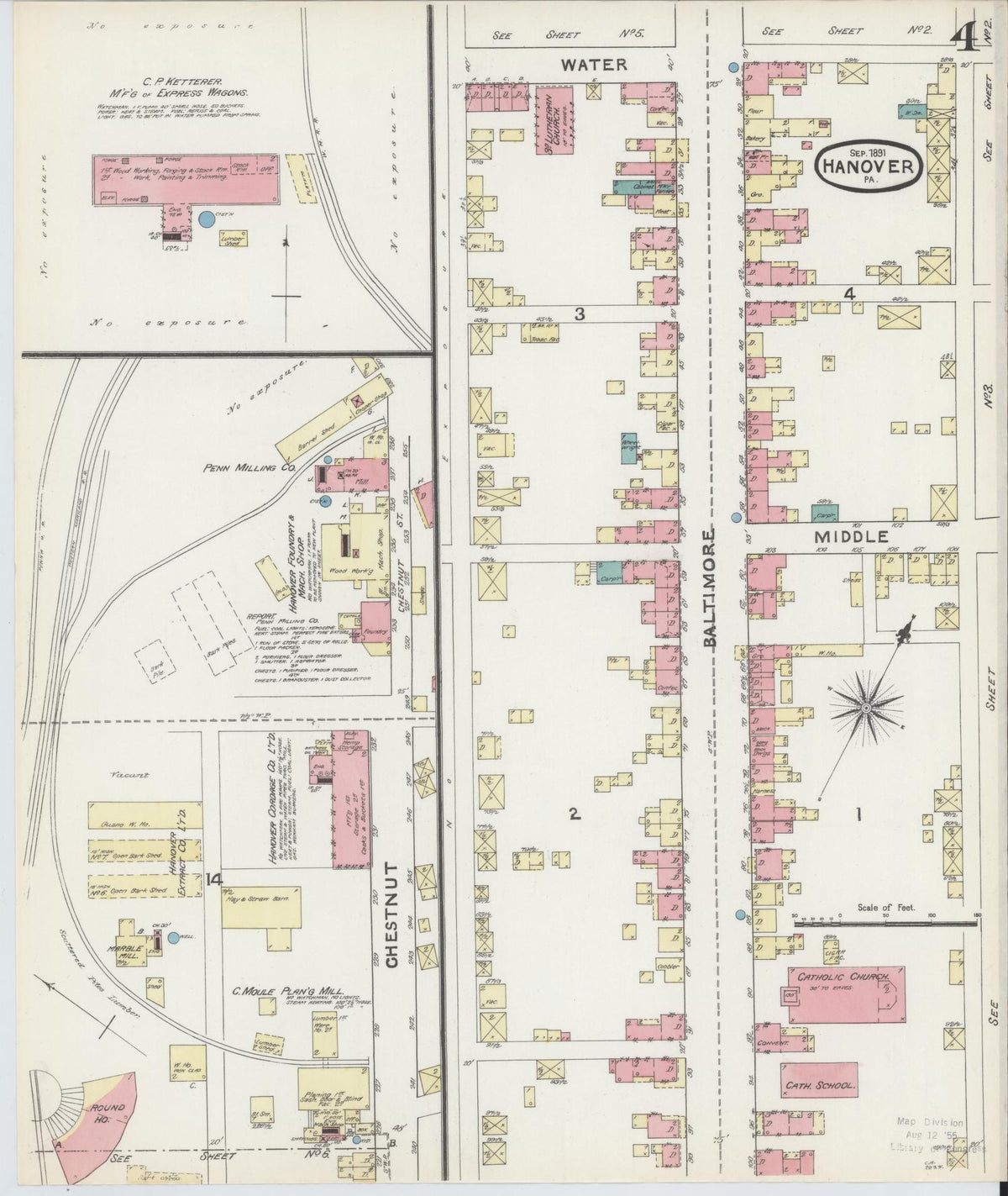 Sanborn Fire Insurance Map from Hanover, York County, Pennsylvania (1891), Sheet #0004 - Historic Sanborn Fire Insurance Map Print, vintage old map wall art, antique decor, genealogy gift, Pennsylvania Pennsylvania map