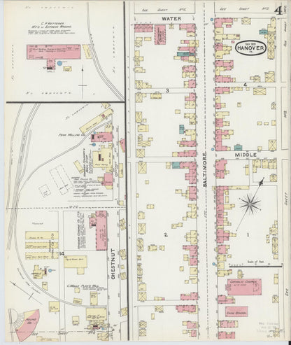 Sanborn Fire Insurance Map from Hanover, York County, Pennsylvania (1891), Sheet #0004 - Historic Sanborn Fire Insurance Map Print, vintage old map wall art, antique decor, genealogy gift, Pennsylvania Pennsylvania map