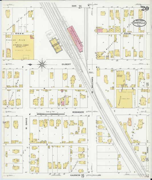 Sanborn Fire Insurance Map from Danville, Vermilion County, Illinois (1909), Sheet #0020 - Historic Sanborn Fire Insurance Map Print, vintage old map wall art, antique decor, genealogy gift, Illinois Illinois map