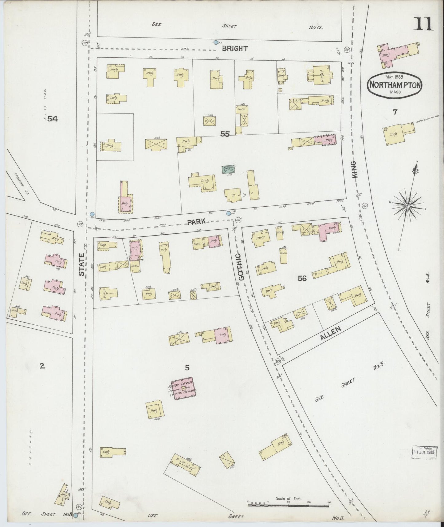 Sanborn Fire Insurance Map from Northampton, Hampshire County, Massachusetts (1889), Sheet #0011 - Complete Map Set gallery image, historic Sanborn map, vintage wall art, Massachusetts Massachusetts