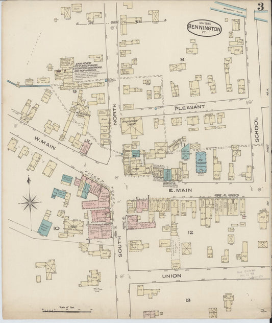 Sanborn Fire Insurance Map from Bennington, Bennington County, Vermont (1885), Sheet #0003 - Historic Sanborn Fire Insurance Map Print, vintage old map wall art, antique decor, genealogy gift, Vermont Vermont map