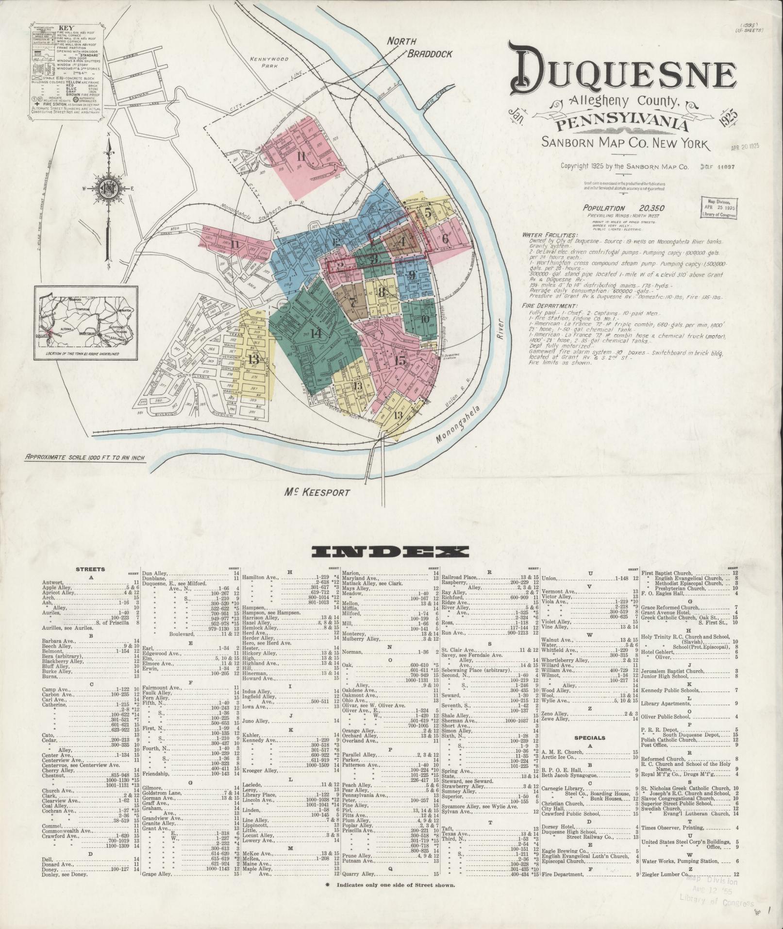 Sanborn Fire Insurance Map from Duquesne, Allegheny County, Pennsylvania (1925), Sheet #0001 - Historic Sanborn Fire Insurance Map Print, vintage old map wall art, antique decor, genealogy gift, Pennsylvania Pennsylvania map