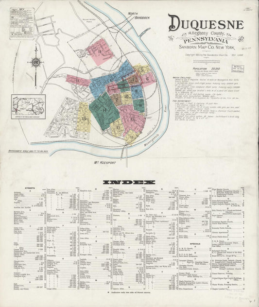 Sanborn Fire Insurance Map from Duquesne, Allegheny County, Pennsylvania (1925), Sheet #0001 - Historic Sanborn Fire Insurance Map Print, vintage old map wall art, antique decor, genealogy gift, Pennsylvania Pennsylvania map