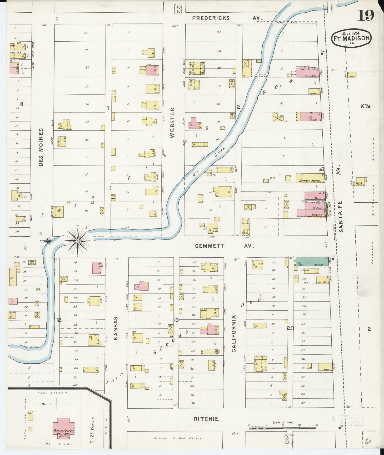 Sanborn Fire Insurance Map from Fort Madison, Lee County, Iowa (1894), Sheet #0019 - Historic Sanborn Fire Insurance Map Print, vintage old map wall art