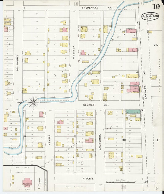 Sanborn Fire Insurance Map from Fort Madison, Lee County, Iowa (1894), Sheet #0019 - Historic Sanborn Fire Insurance Map Print, vintage old map wall art