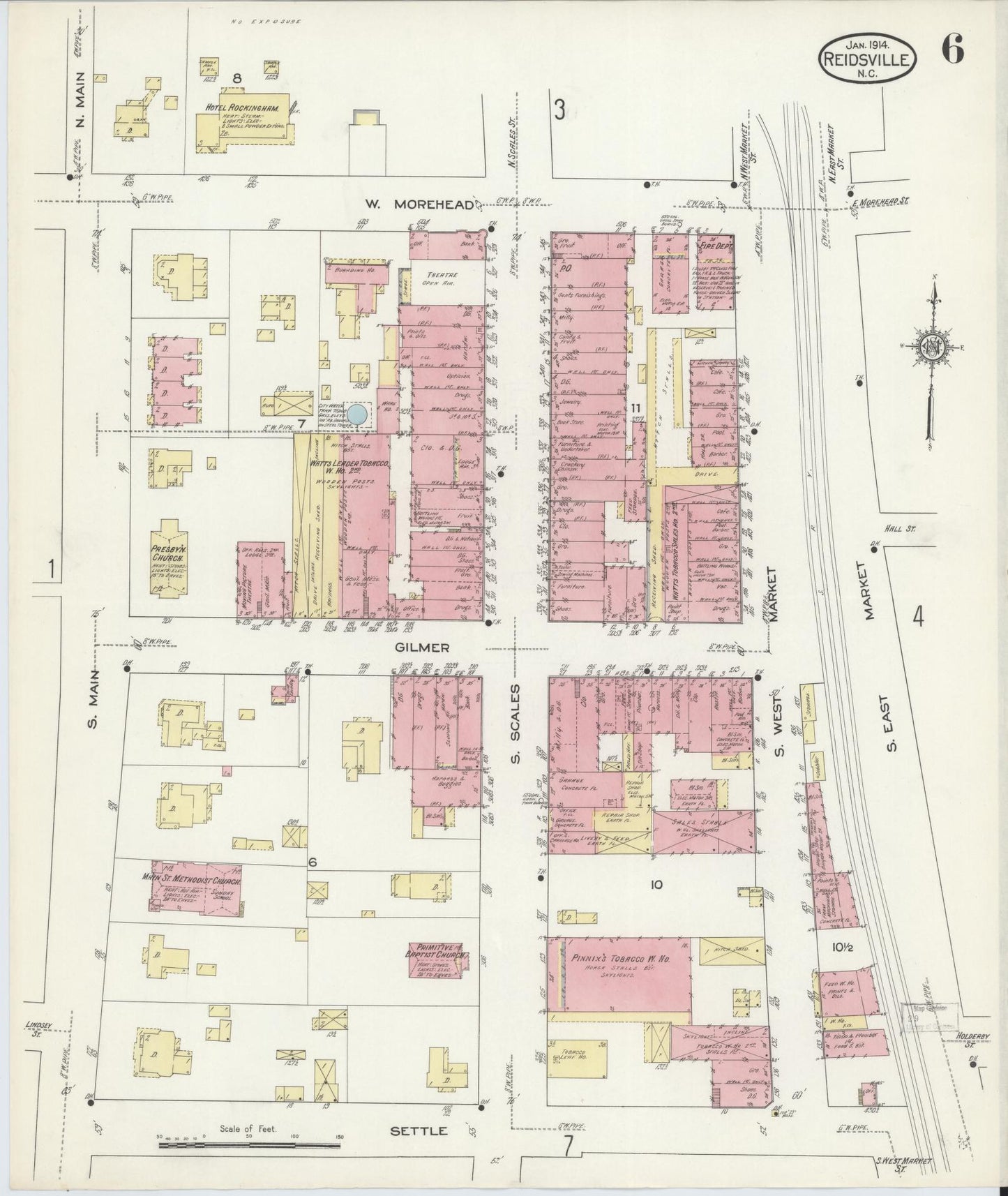 Sanborn Fire Insurance Map from Reidsville, Rockingham County, North Carolina (1914), Sheet #0006 - Historic Sanborn Fire Insurance Map Print, vintage old map wall art, antique decor, genealogy gift, North Carolina North Carolina map