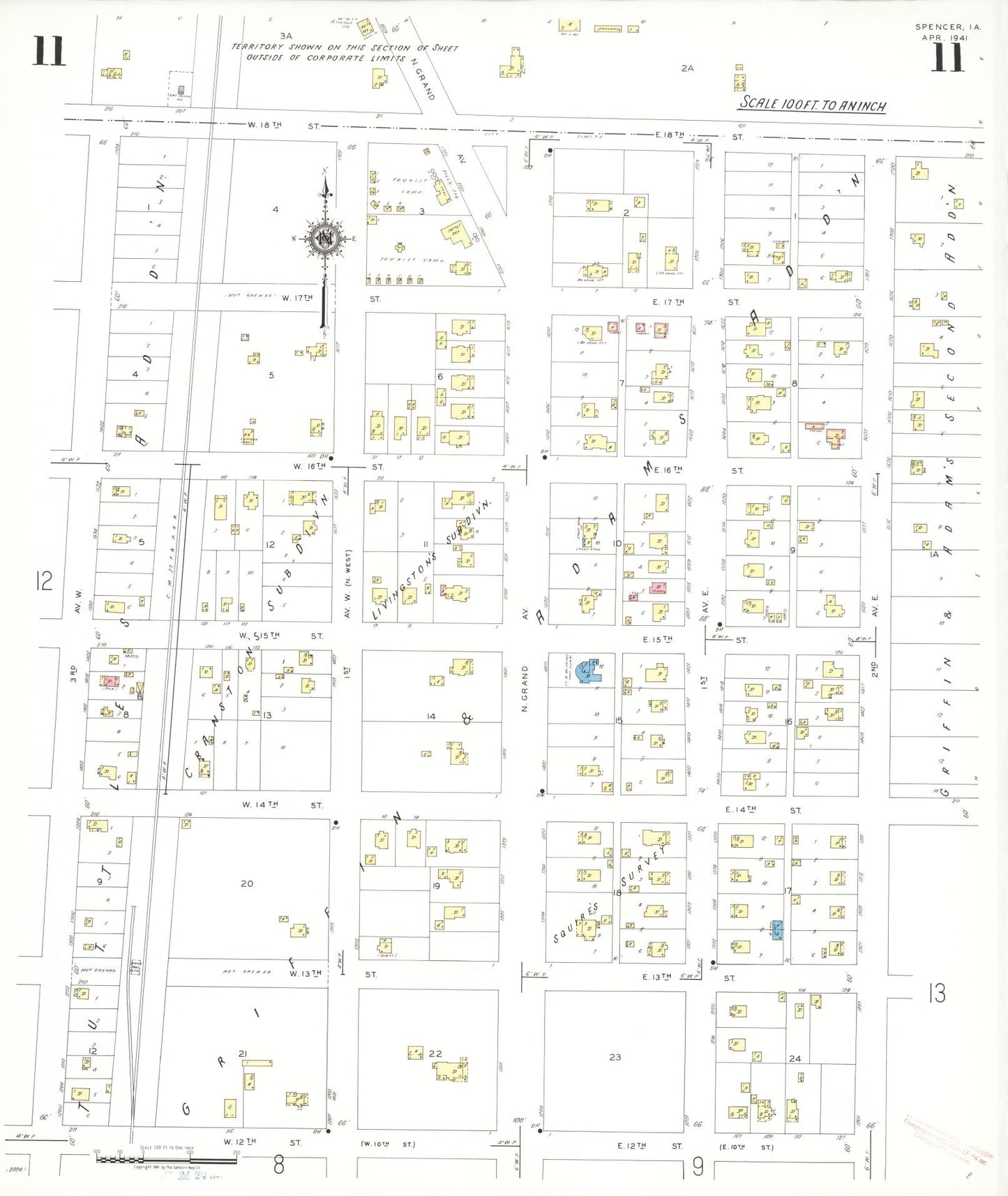 Sanborn Fire Insurance Map from Spencer, Clay County, Iowa (1941), Sheet #0011 - Historic Sanborn Fire Insurance Map Print, vintage old map wall art