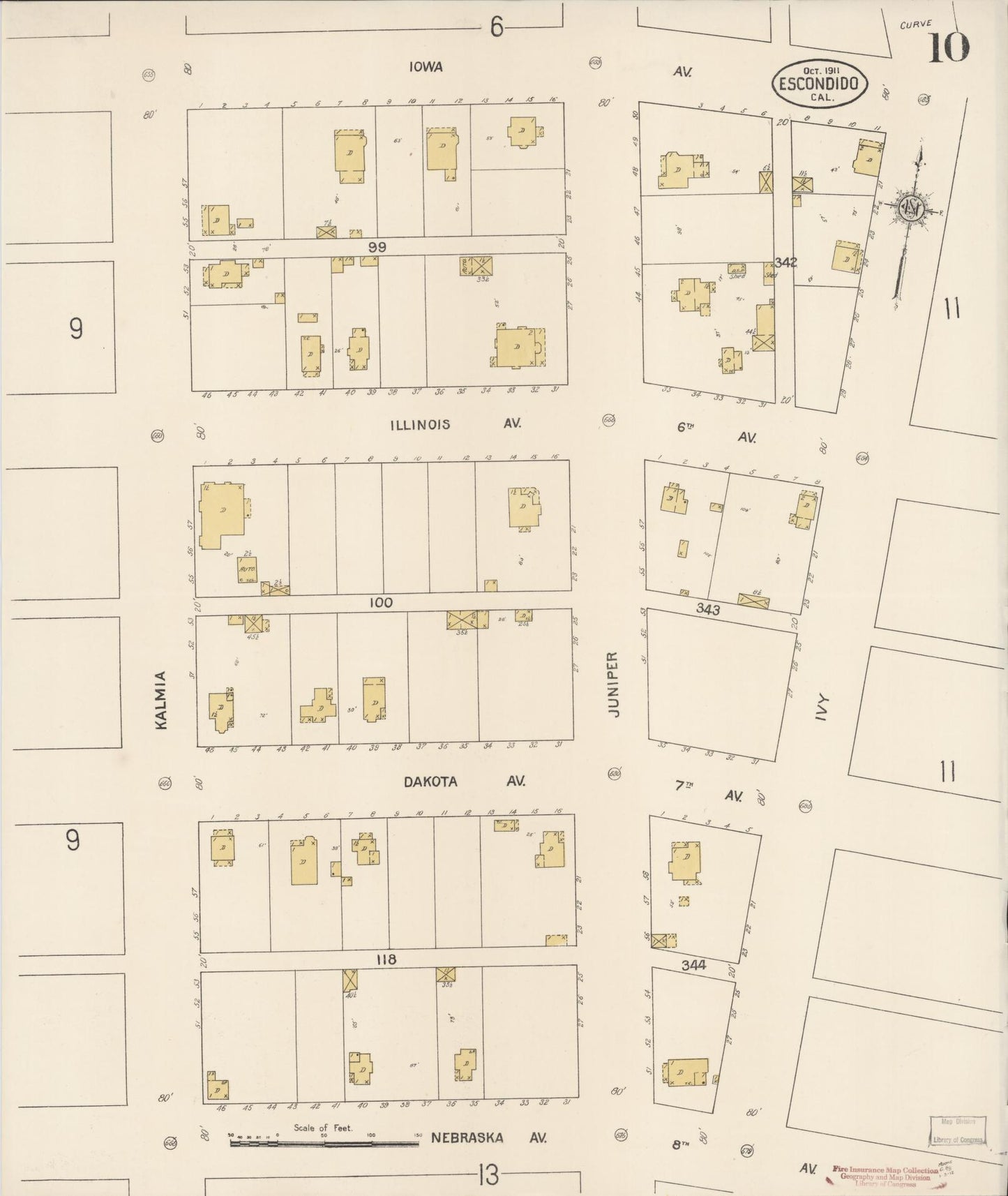 Sanborn Fire Insurance Map from Escondido, San Diego County, California (1911), Sheet #0010 - Complete Map Set gallery image, historic Sanborn map, vintage wall art, California California