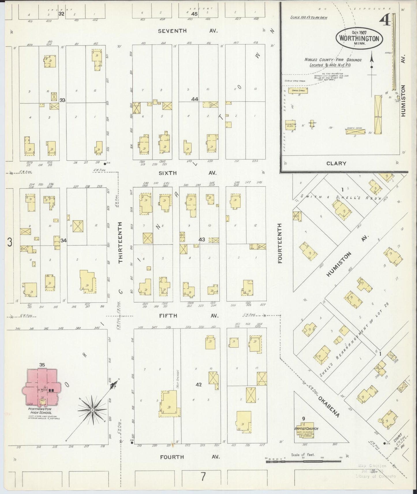 Sanborn Fire Insurance Map from Worthington, Nobles County, Minnesota (1907), Sheet #0004 - Complete Map Set gallery image, historic Sanborn map, vintage wall art, Minnesota Minnesota