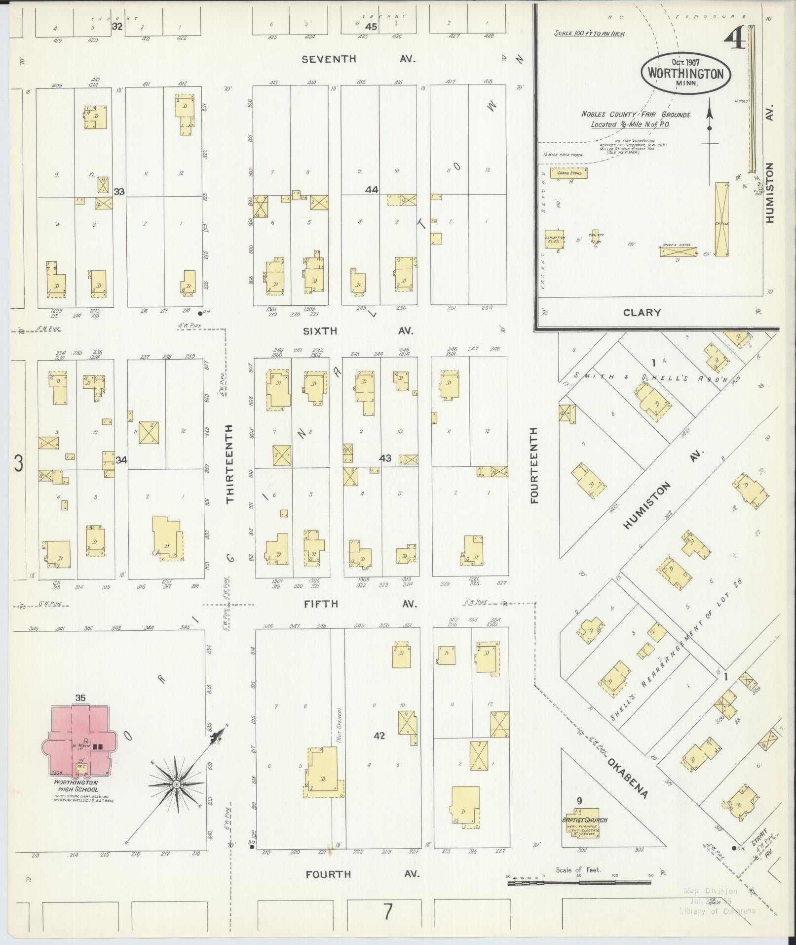 Sanborn Fire Insurance Map from Worthington, Nobles County, Minnesota (1907), Sheet #0004 - Complete Map Set gallery image, historic Sanborn map, vintage wall art, Minnesota Minnesota