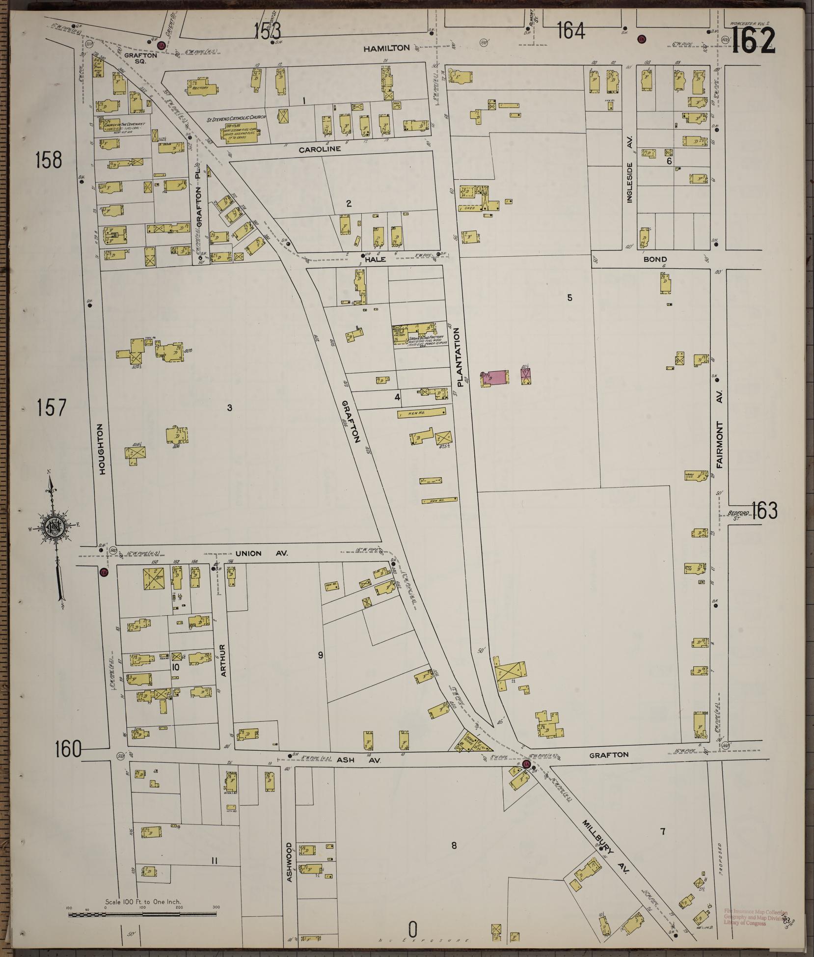 Sanborn Fire Insurance Map from Worcester, Worcester County, Massachusetts (1910), Sheet #0162 - Historic Sanborn Fire Insurance Map Print, vintage old map wall art, antique decor, genealogy gift, Massachusetts Massachusetts map