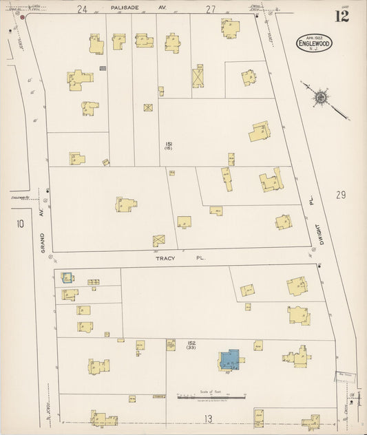 Sanborn Fire Insurance Map from Englewood, Bergen County, New Jersey (1922), Sheet #0012 - Historic Sanborn Fire Insurance Map Print, vintage old map wall art, antique decor, genealogy gift, New Jersey New Jersey map