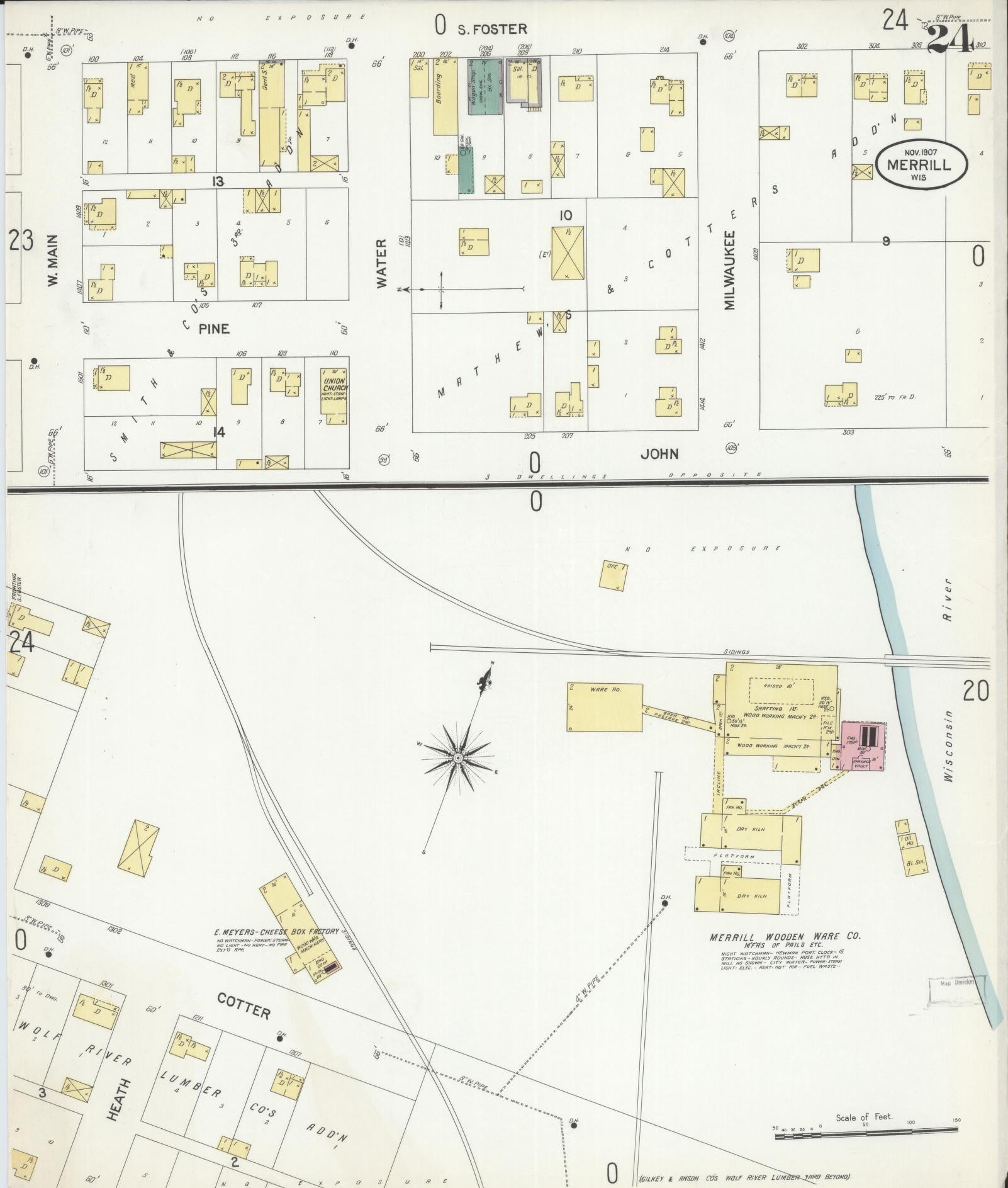 Sanborn Fire Insurance Map from Merrill, Lincoln County, Wisconsin (1907), Sheet #0024 - Complete Map Set gallery image, historic Sanborn map, vintage wall art, Wisconsin Wisconsin