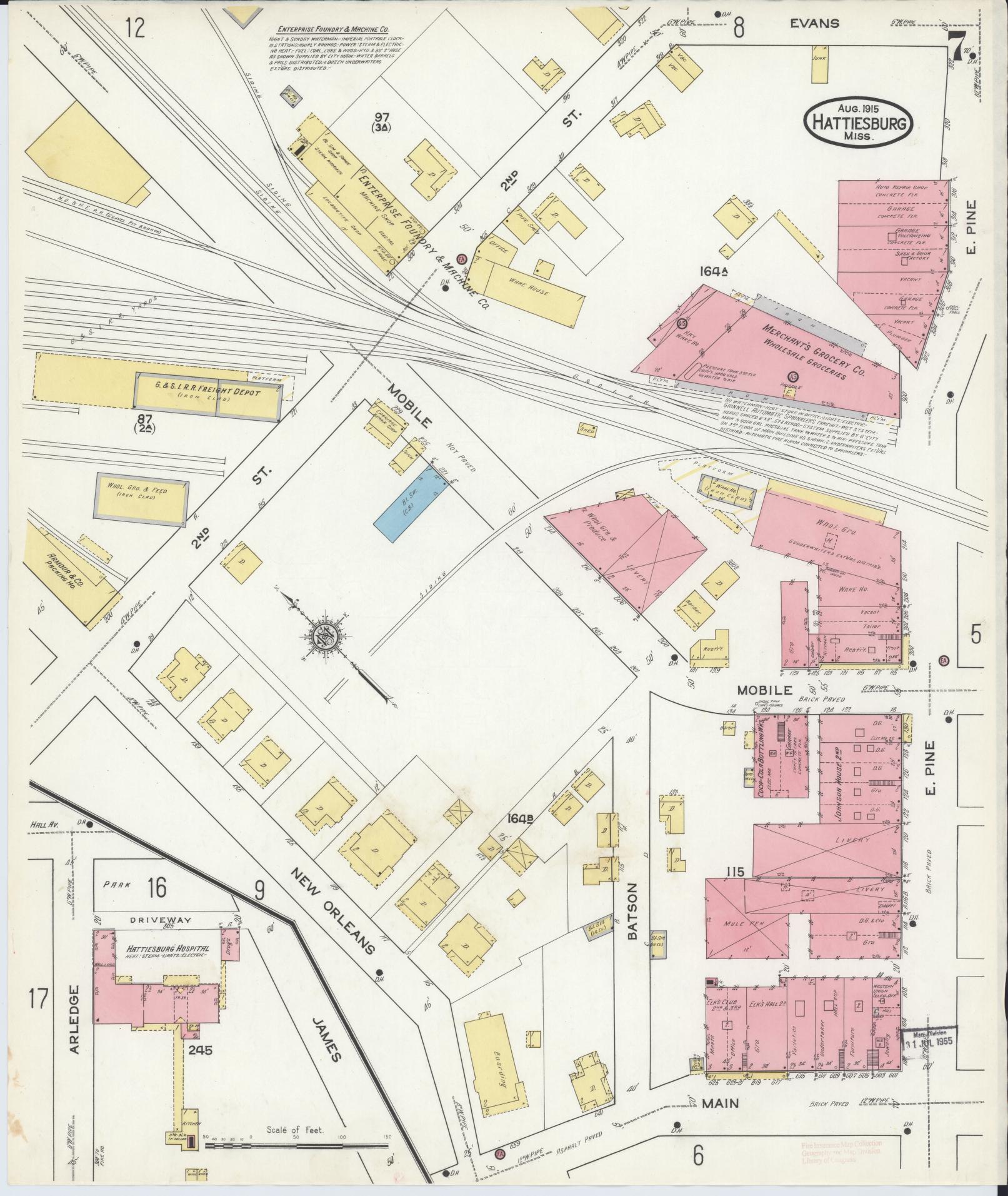 Sanborn Fire Insurance Map from Hattiesburg, Forrest County, Mississippi (1915), Sheet #0007 - Complete Map Set gallery image, historic Sanborn map, vintage wall art, Mississippi Mississippi