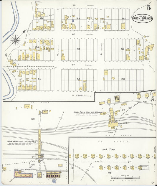 Sanborn Fire Insurance Map from Rock Springs, Sweetwater County, Wyoming (1907), Sheet #0005 - Historic Sanborn Fire Insurance Map Print, vintage old map wall art, antique decor, genealogy gift, Wyoming Wyoming map