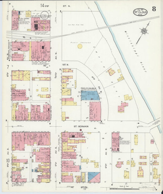 Sanborn Fire Insurance Map from Saint Cloud, Stearns, Benton, and Sherburne Counties, Minnesota (1913), Sheet #0008 - Historic Sanborn Fire Insurance Map Print, vintage old map wall art, antique decor, genealogy gift, Minnesota Minnesota map