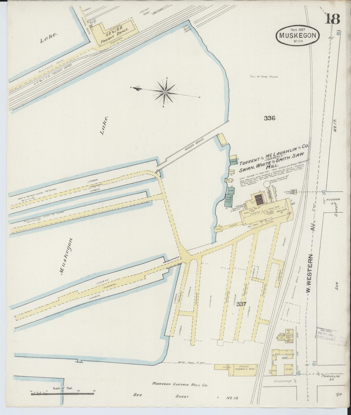 Sanborn Fire Insurance Map from Muskegon, Muskegon County, Michigan (1887), Sheet #0018 - Historic Sanborn Fire Insurance Map Print, vintage old map wall art, antique decor, genealogy gift, Michigan Michigan map