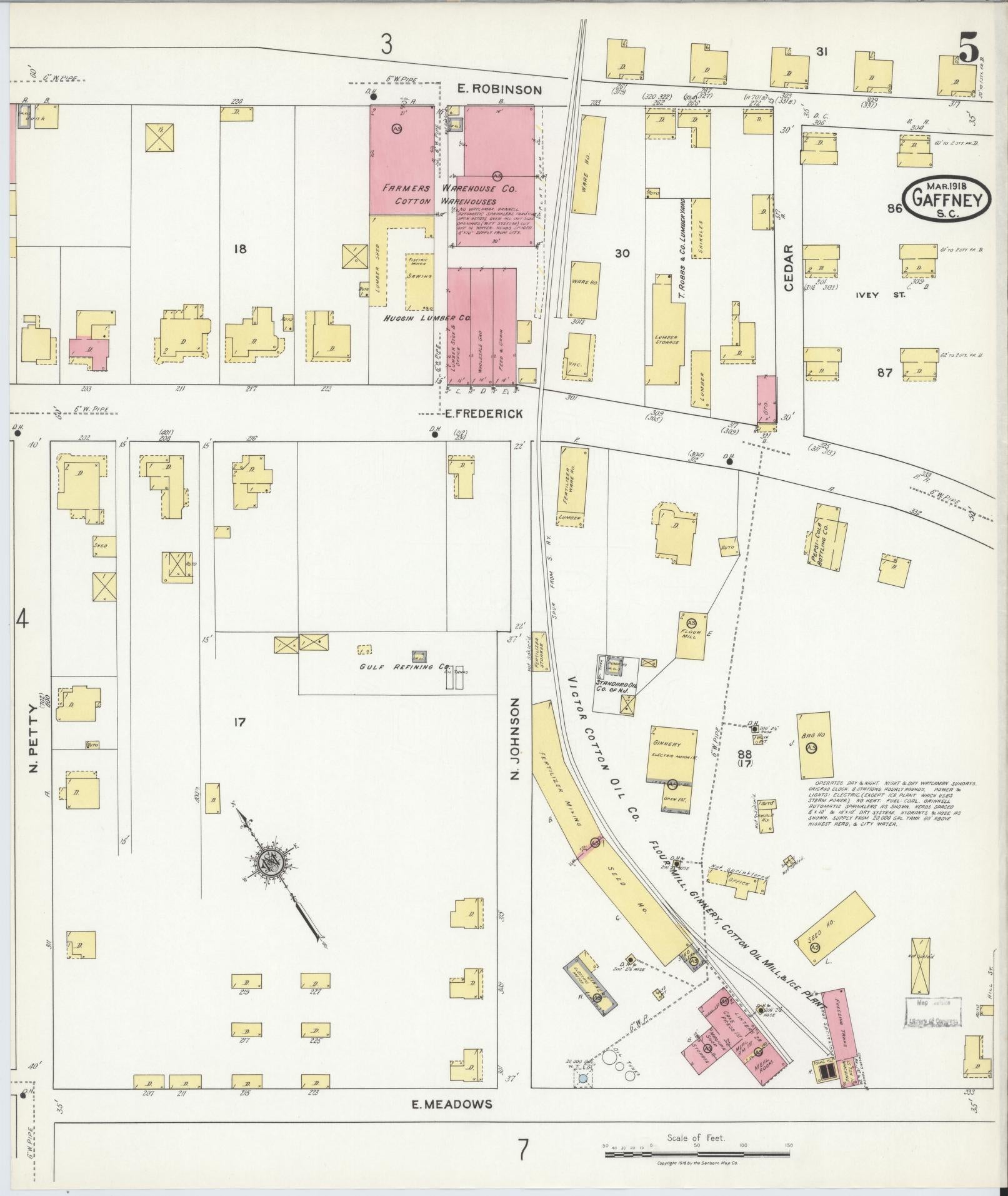 Sanborn Fire Insurance Map from Gaffney, Cherokee County, South Carolina (1918), Sheet #0005 - Complete Map Set gallery image, historic Sanborn map, vintage wall art, South Carolina South Carolina