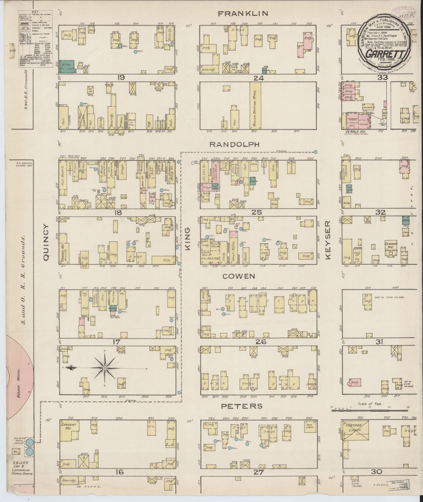 Sanborn Fire Insurance Map from Garrett, De Kalb County, Indiana (1886), Sheet #0001 - Historic Sanborn Fire Insurance Map Print, vintage old map wall art, antique decor, genealogy gift, Indiana Indiana map