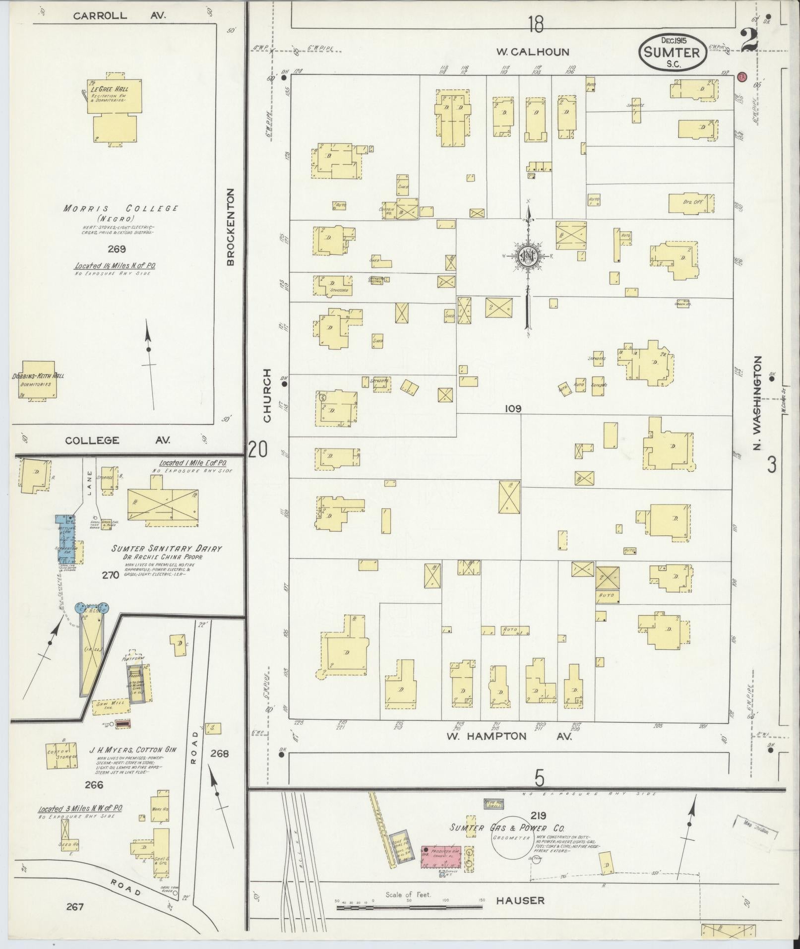 Sanborn Fire Insurance Map from Sumter, Sumter County, South Carolina (1915), Sheet #0002 - Historic Sanborn Fire Insurance Map Print, vintage old map wall art, antique decor, genealogy gift, South Carolina South Carolina map