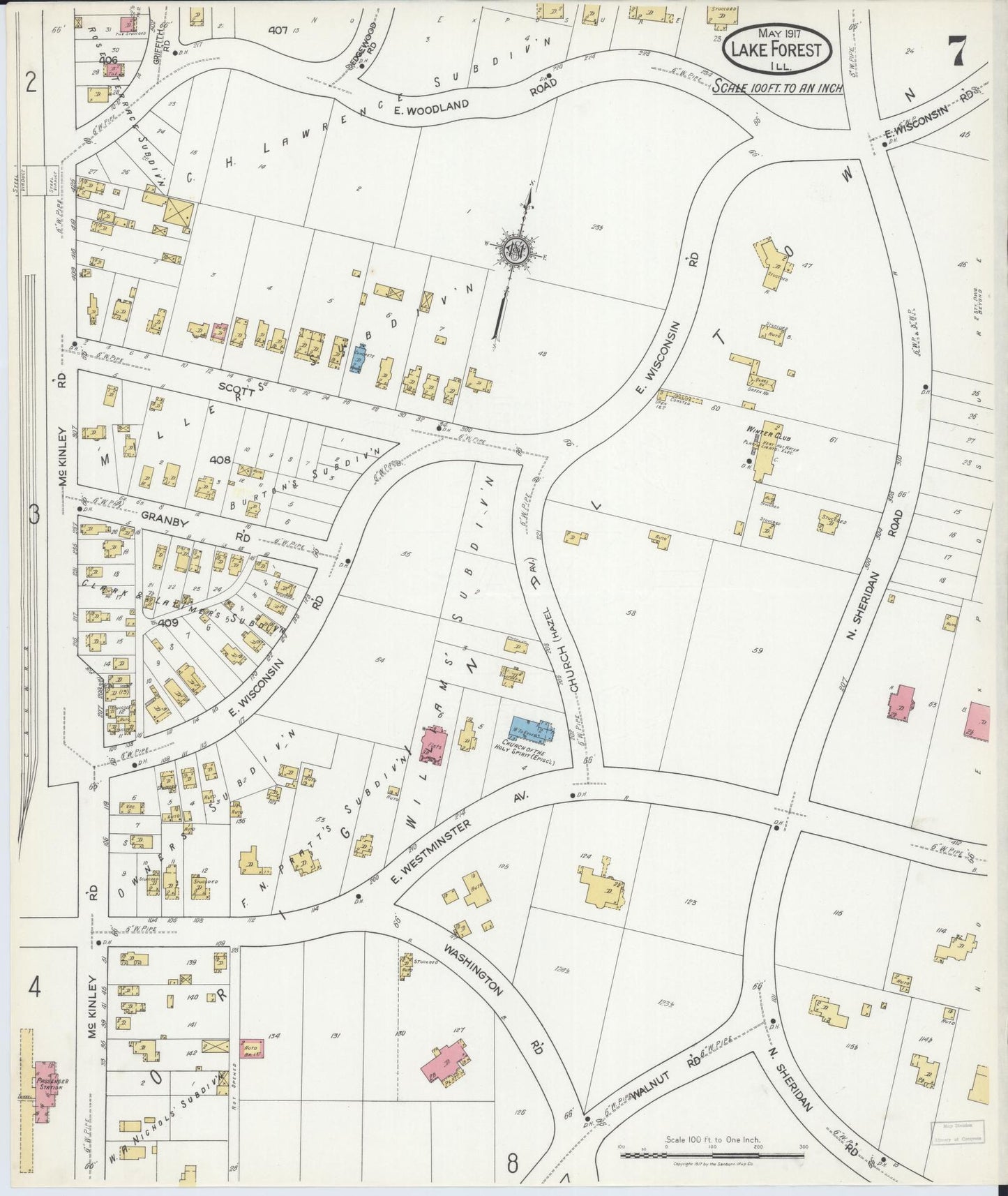 Sanborn Fire Insurance Map from Lake Forest, Lake County, Illinois (1917), Sheet #0007 - Historic Sanborn Fire Insurance Map Print, vintage old map wall art, antique decor, genealogy gift, Illinois Illinois map