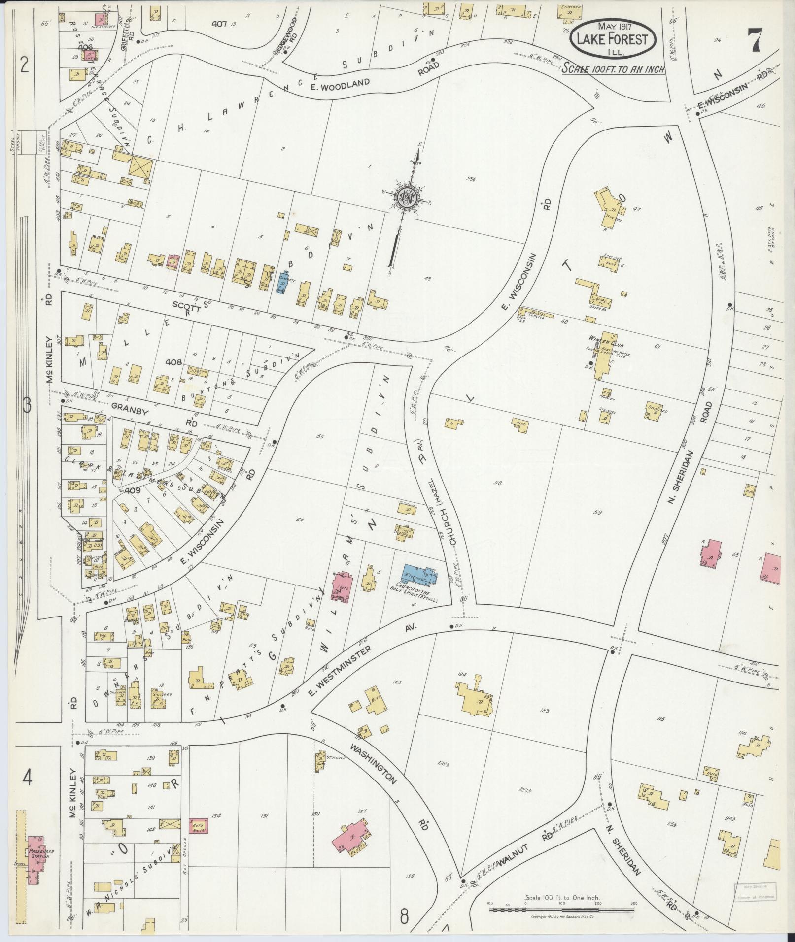 Sanborn Fire Insurance Map from Lake Forest, Lake County, Illinois (1917), Sheet #0007 - Historic Sanborn Fire Insurance Map Print, vintage old map wall art, antique decor, genealogy gift, Illinois Illinois map