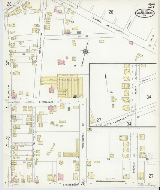 Sanborn Fire Insurance Map from Washington, Washington County, Pennsylvania (1909), Sheet #0027 - Historic Sanborn Fire Insurance Map Print, vintage old map wall art, antique decor, genealogy gift, Sanborn Fire Insurance Map from Washington Washington map