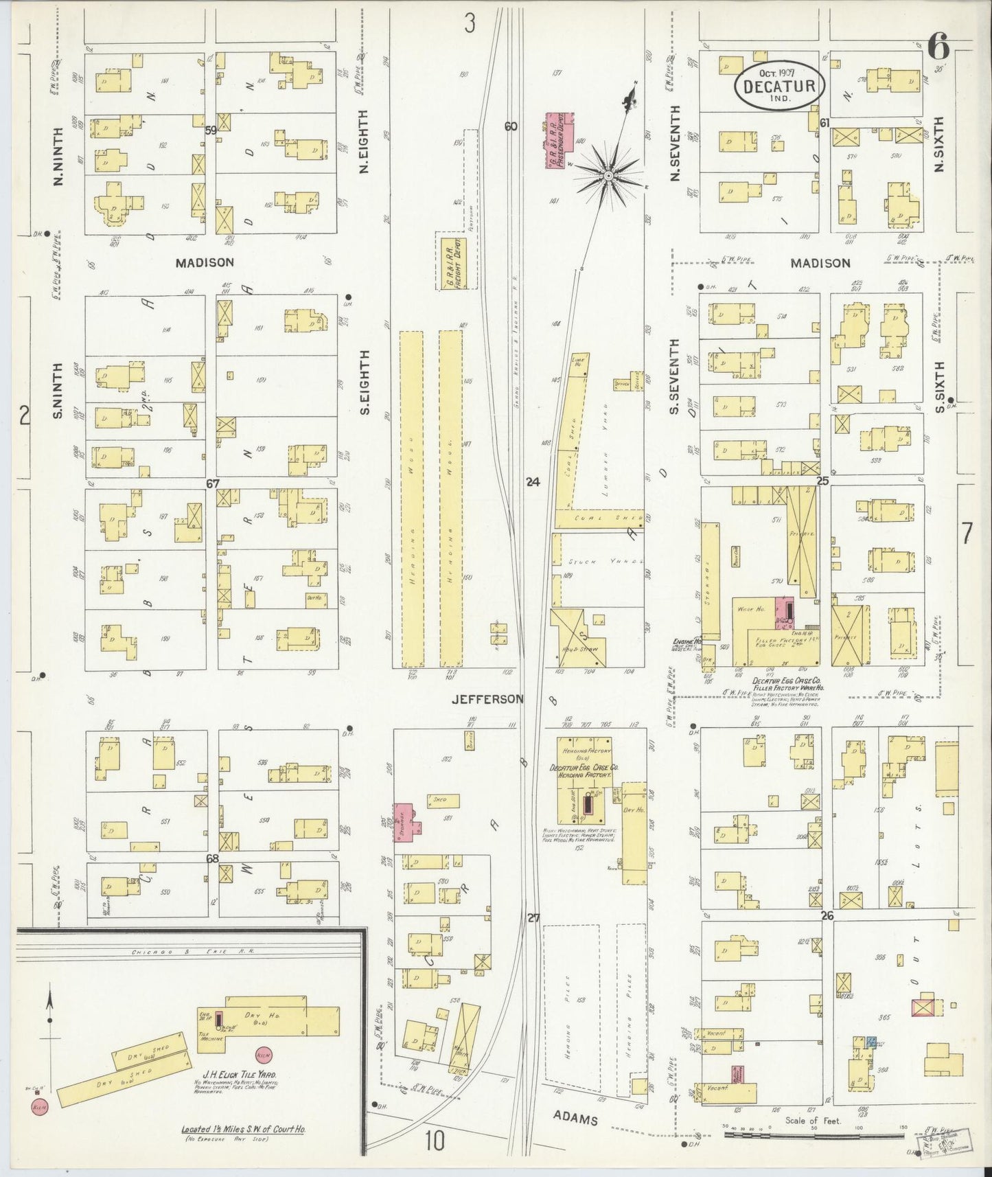 Sanborn Fire Insurance Map from Decatur, Adams County, Indiana (1907), Sheet #0006 - Historic Sanborn Fire Insurance Map Print, vintage old map wall art, antique decor, genealogy gift, Indiana Indiana map