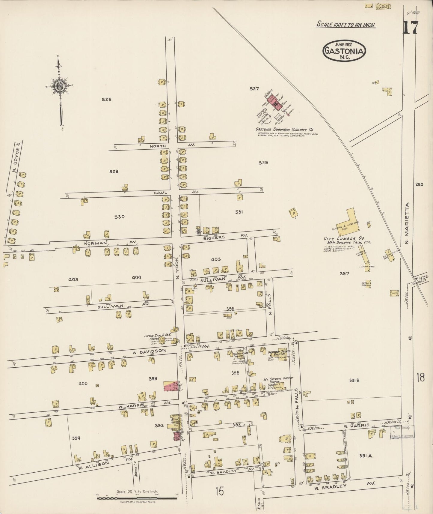Sanborn Fire Insurance Map from Gastonia, Gaston County, North Carolina (1922), Sheet #0017 - Complete Map Set gallery image, historic Sanborn map, vintage wall art, North Carolina North Carolina