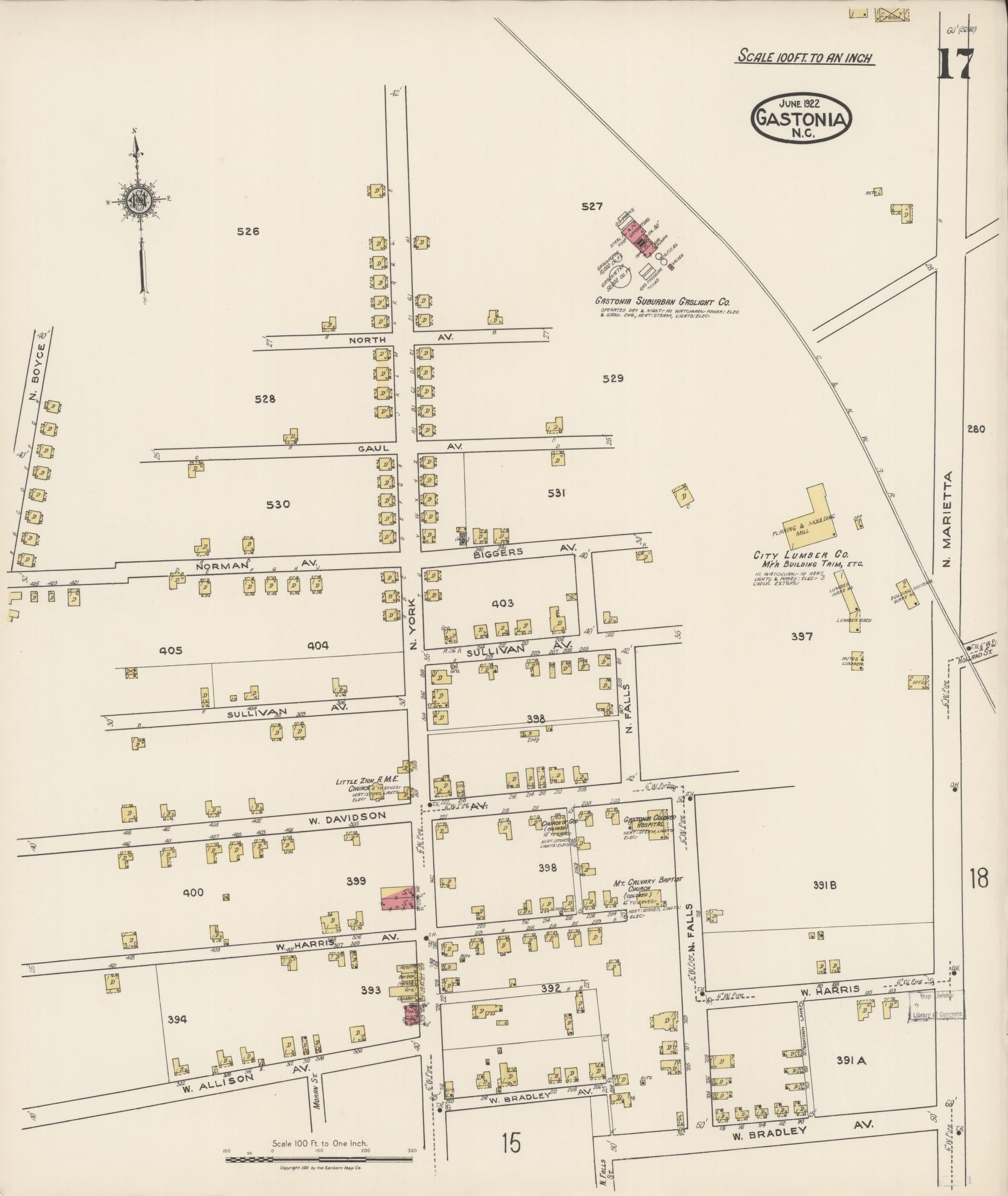 Sanborn Fire Insurance Map from Gastonia, Gaston County, North Carolina (1922), Sheet #0017 - Complete Map Set gallery image, historic Sanborn map, vintage wall art, North Carolina North Carolina