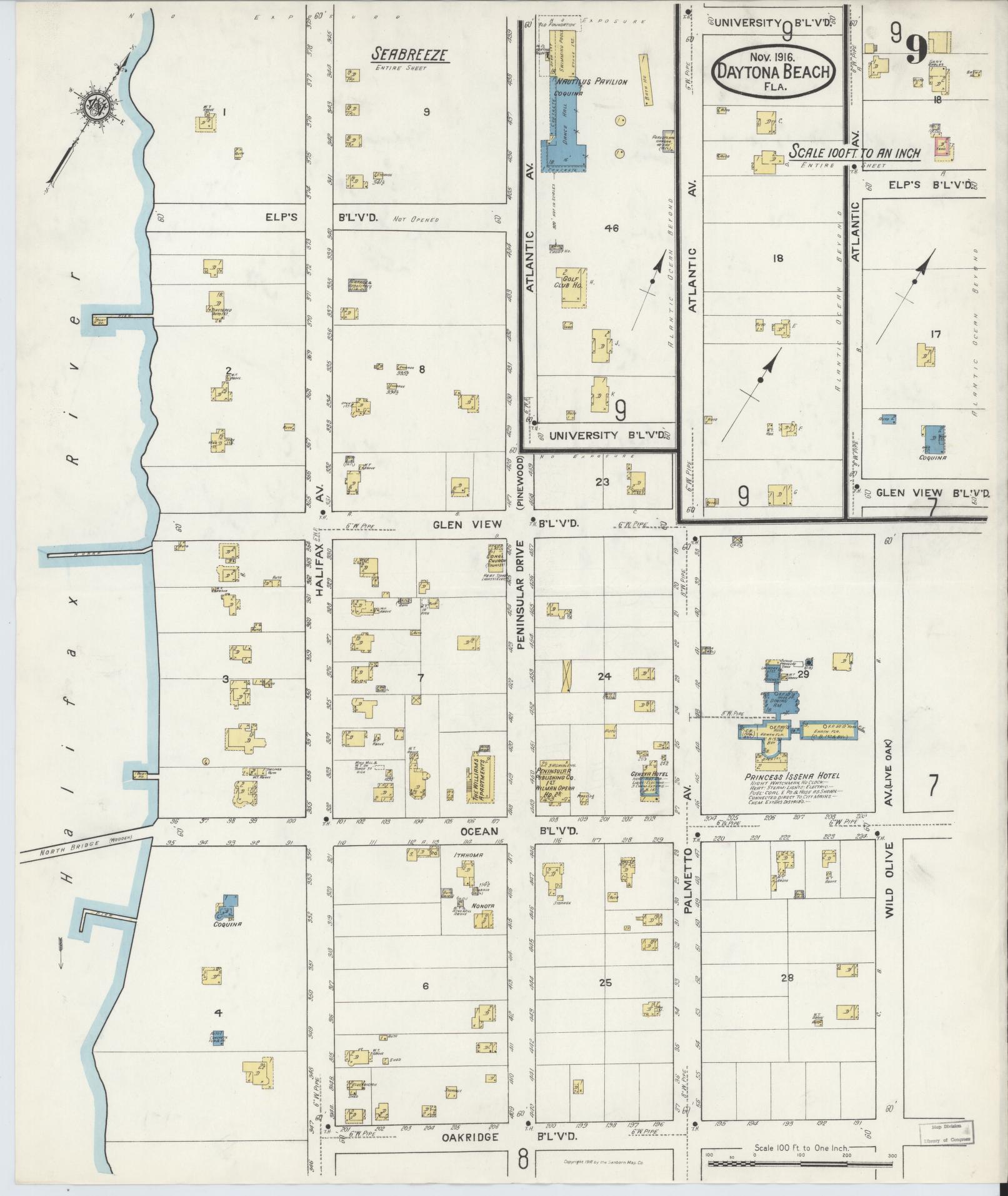 Sanborn Fire Insurance Map from Daytona Beach, Volusia County, Florida (1916), Sheet #0009 - Complete Map Set gallery image, historic Sanborn map, vintage wall art, Florida Florida