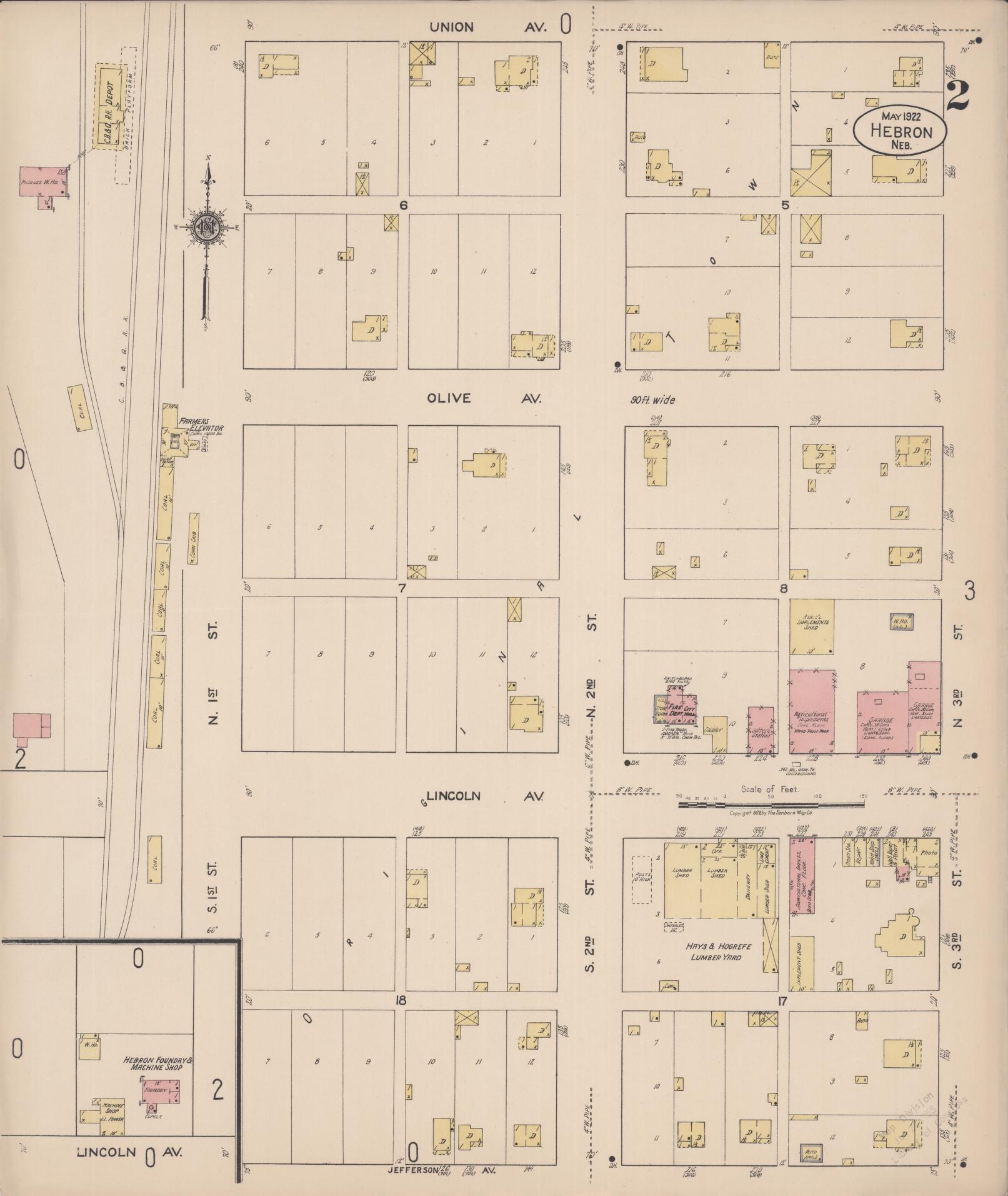 Sanborn Fire Insurance Map from Hebron, Thayer County, Nebraska (1922), Sheet #0002 - Complete Map Set gallery image, historic Sanborn map, vintage wall art, Nebraska Nebraska