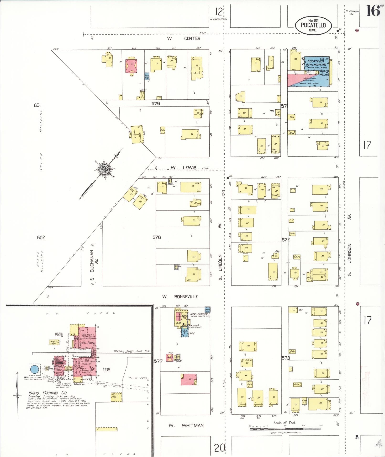 Sanborn Fire Insurance Map from Pocatello, Bannock County, Idaho (1921), Sheet #0016 - Historic Sanborn Fire Insurance Map Print, vintage old map wall art, antique decor, genealogy gift, Idaho Idaho map