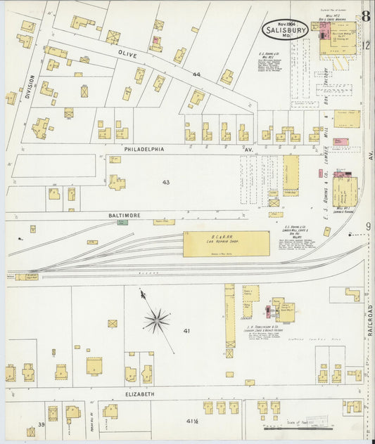 Sanborn Fire Insurance Map from Salisbury, Wicomico County, Maryland (1904), Sheet #0008 - Historic Sanborn Fire Insurance Map Print, vintage old map wall art
