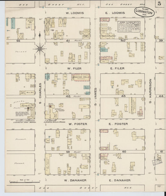 Sanborn Fire Insurance Map from Ludington, Mason County, Michigan (1883), Sheet #0005 - Historic Sanborn Fire Insurance Map Print, vintage old map wall art, antique decor, genealogy gift, Michigan Michigan map