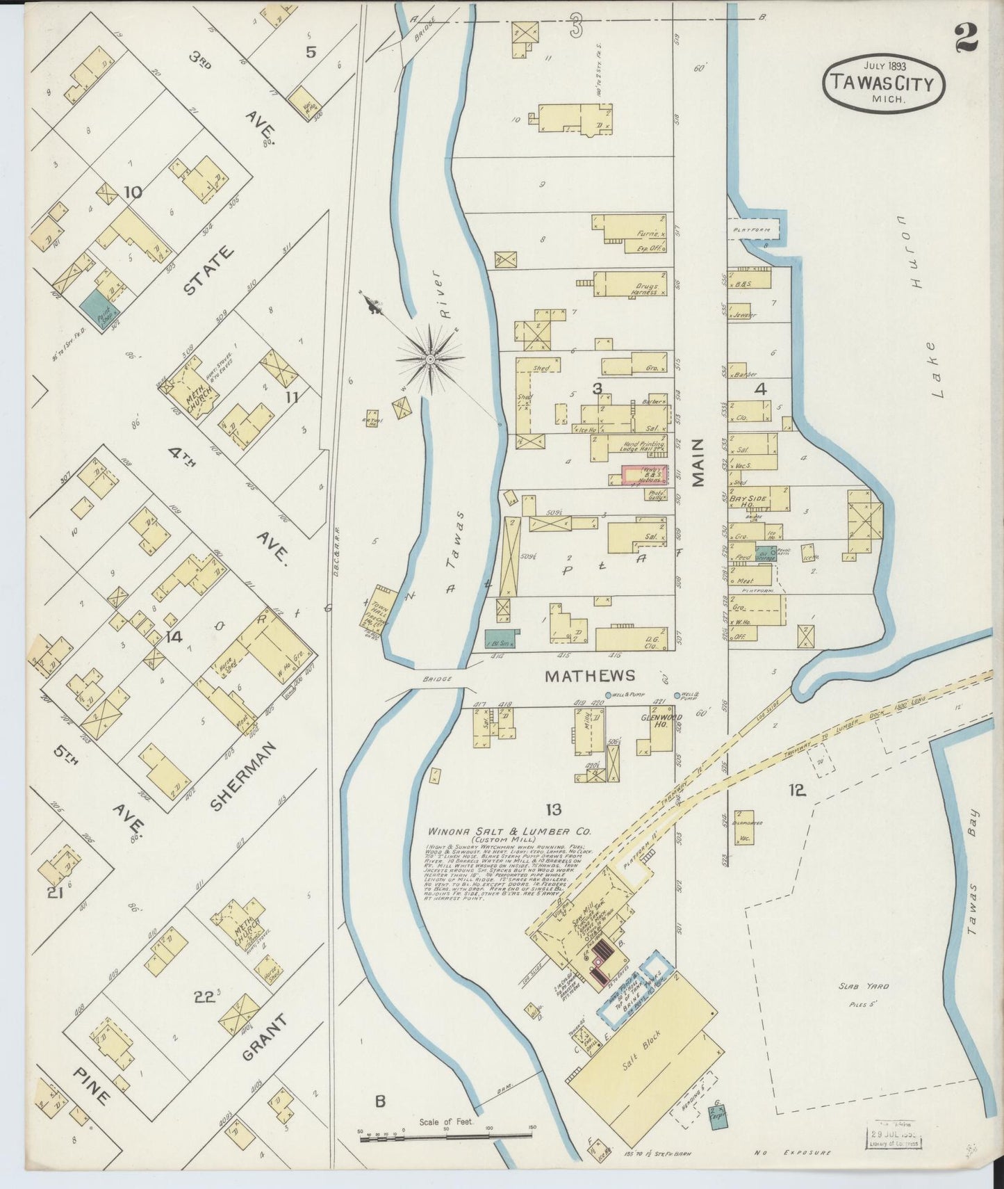 Sanborn Fire Insurance Map from East Tawas, Iosco County, Michigan (1893), Sheet #0002 - Historic Sanborn Fire Insurance Map Print, vintage old map wall art, antique decor, genealogy gift, Michigan Michigan map