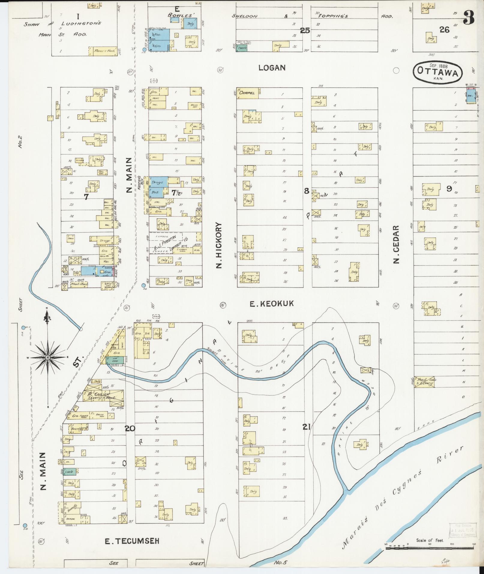 Sanborn Fire Insurance Map from Ottawa, Franklin County, Kansas (1888), Sheet #0003 - Historic Sanborn Fire Insurance Map Print, vintage old map wall art, antique decor, genealogy gift, Kansas Kansas map