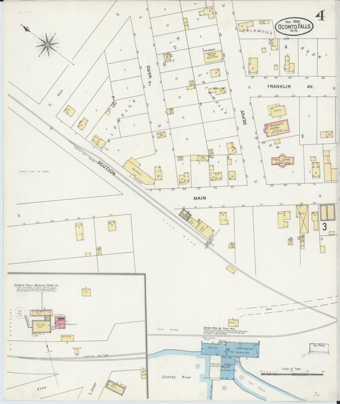 Sanborn Fire Insurance Map from Oconto Falls, Oconto County, Wisconsin (1904), Sheet #0004 - Historic Sanborn Fire Insurance Map Print, vintage old map wall art, antique decor, genealogy gift, Wisconsin Wisconsin map