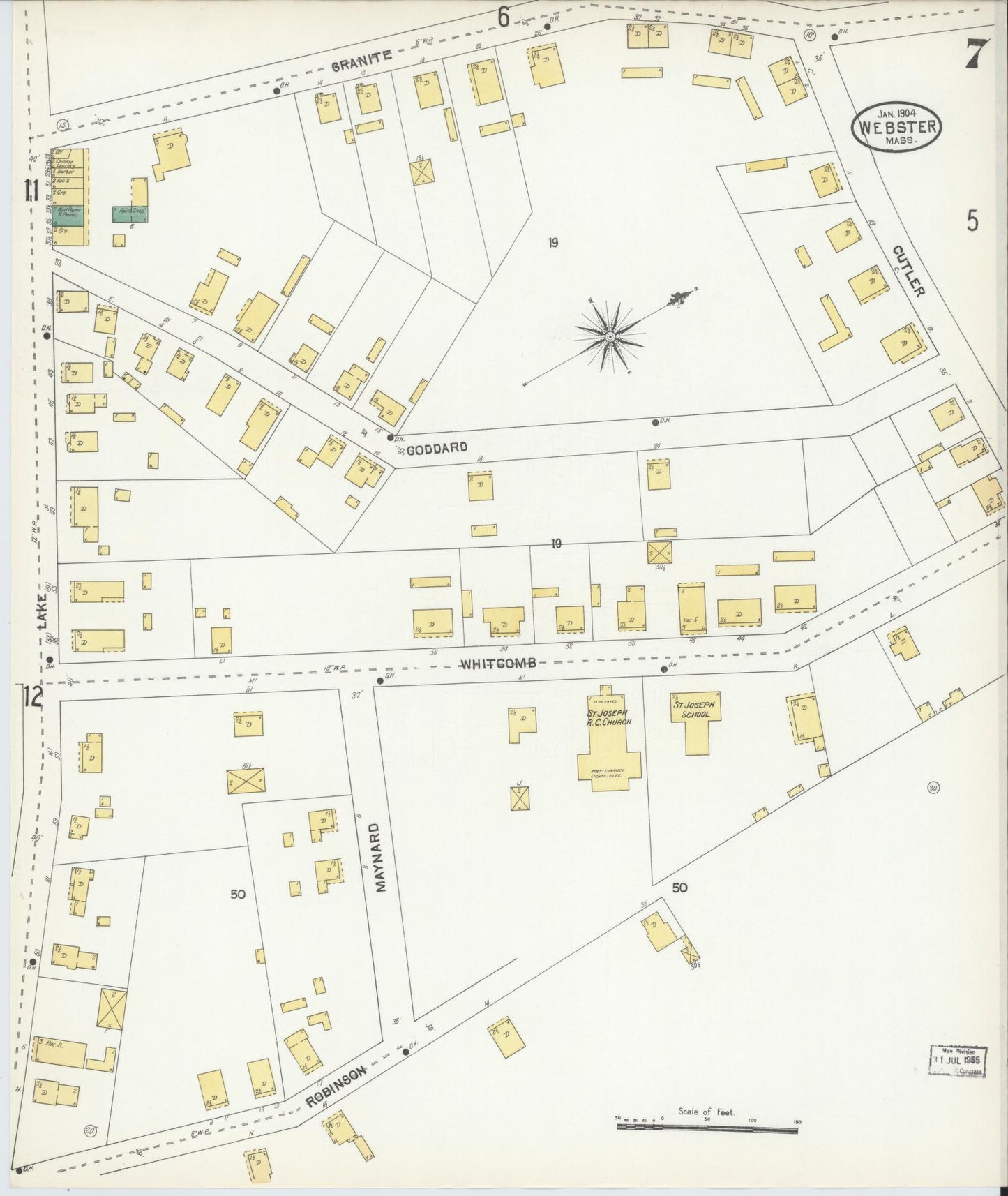 Sanborn Fire Insurance Map from Webster, Worcester County, Massachusetts (1904), Sheet #0007 - Historic Sanborn Fire Insurance Map Print, vintage old map wall art, antique decor, genealogy gift, Massachusetts Massachusetts map