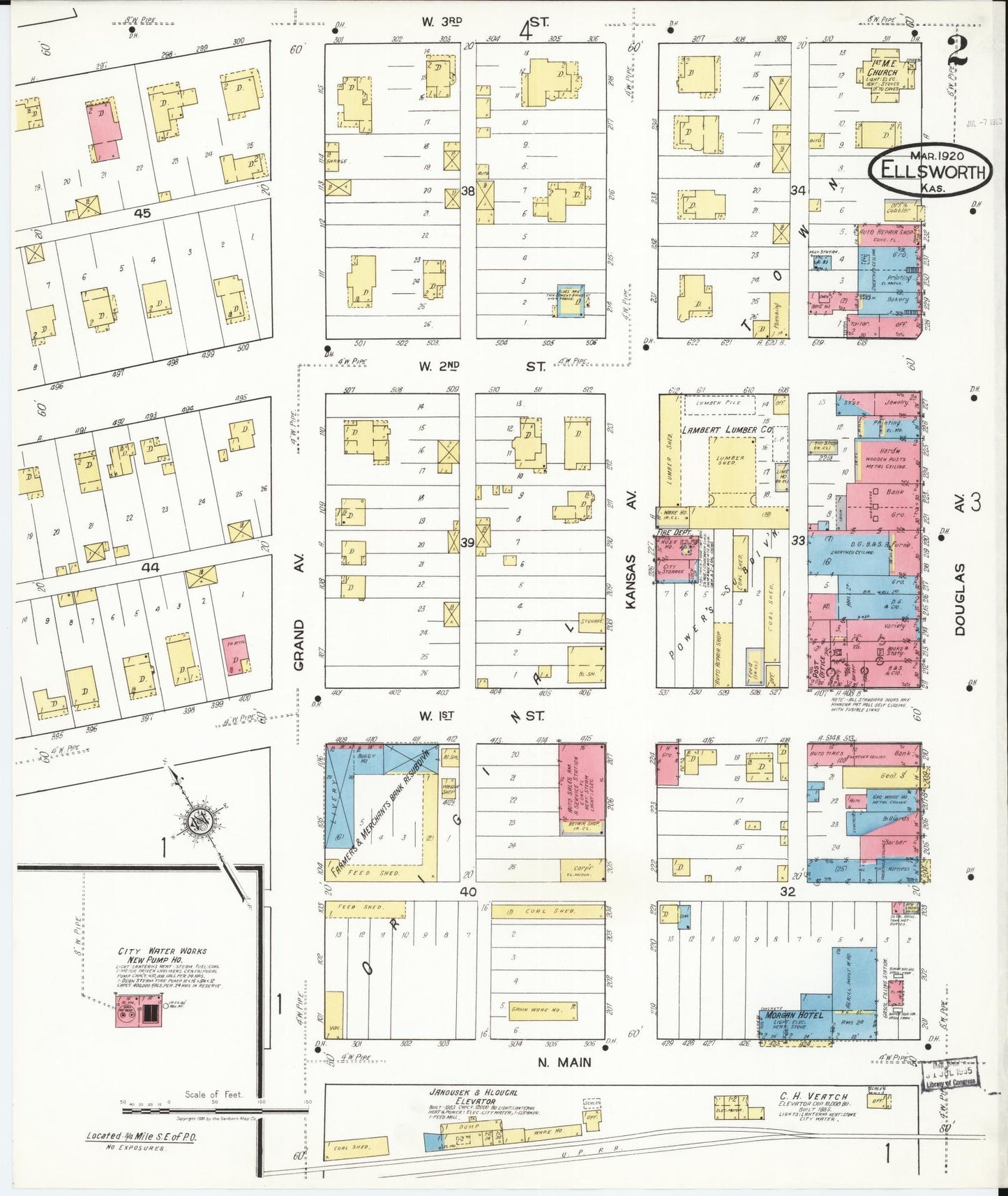 Sanborn Fire Insurance Map from Ellsworth, Ellsworth County, Kansas (1920), Sheet #0002 - Historic Sanborn Fire Insurance Map Print, vintage old map wall art, antique decor, genealogy gift, Kansas Kansas map