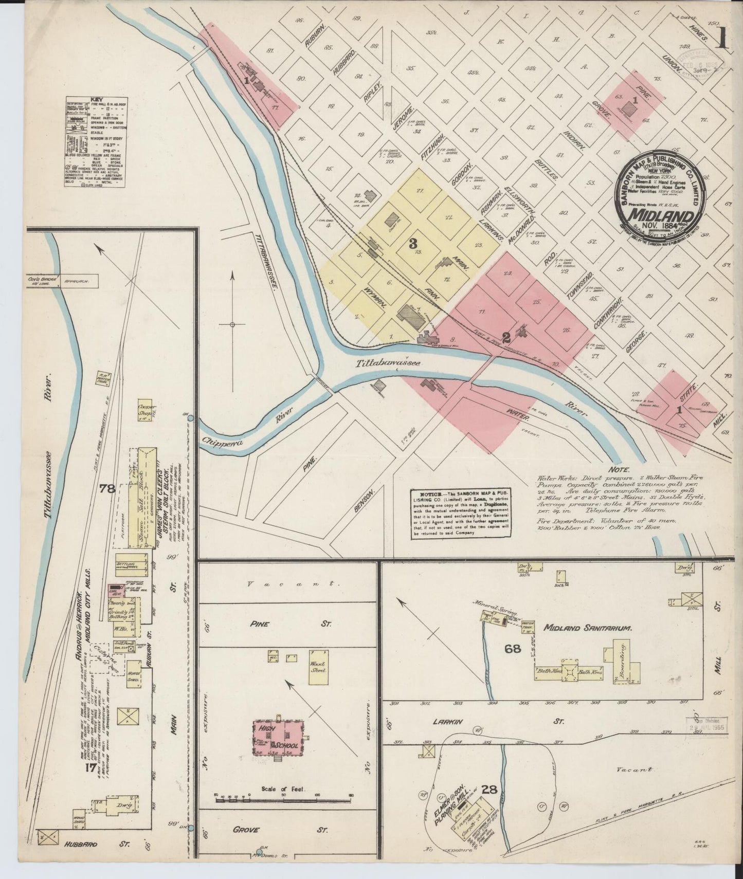 Sanborn Fire Insurance Map from Midland, Midland County, Michigan (1884), Sheet #0001 - Historic Sanborn Fire Insurance Map Print, vintage old map wall art, antique decor, genealogy gift, Michigan Michigan map
