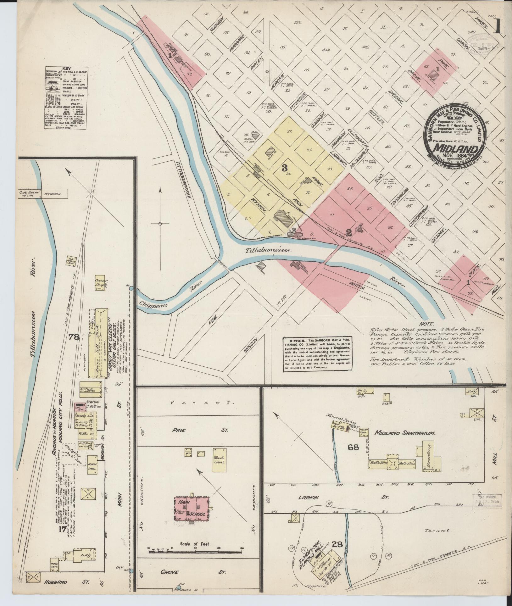 Sanborn Fire Insurance Map from Midland, Midland County, Michigan (1884), Sheet #0001 - Historic Sanborn Fire Insurance Map Print, vintage old map wall art, antique decor, genealogy gift, Michigan Michigan map