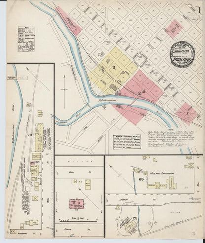Sanborn Fire Insurance Map from Midland, Midland County, Michigan (1884), Sheet #0001 - Historic Sanborn Fire Insurance Map Print, vintage old map wall art, antique decor, genealogy gift, Michigan Michigan map