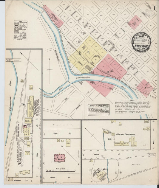 Sanborn Fire Insurance Map from Midland, Midland County, Michigan (1884), Sheet #0001 - Historic Sanborn Fire Insurance Map Print, vintage old map wall art, antique decor, genealogy gift, Michigan Michigan map