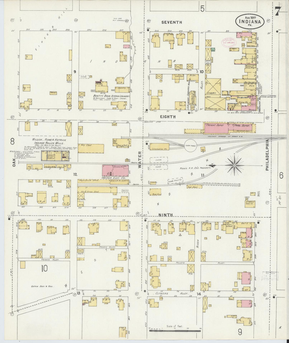 Sanborn Fire Insurance Map from Indiana, Indiana County, Pennsylvania (1888), Sheet #0007 - Historic Sanborn Fire Insurance Map Print, vintage old map wall art, antique decor, genealogy gift, Pennsylvania Pennsylvania map