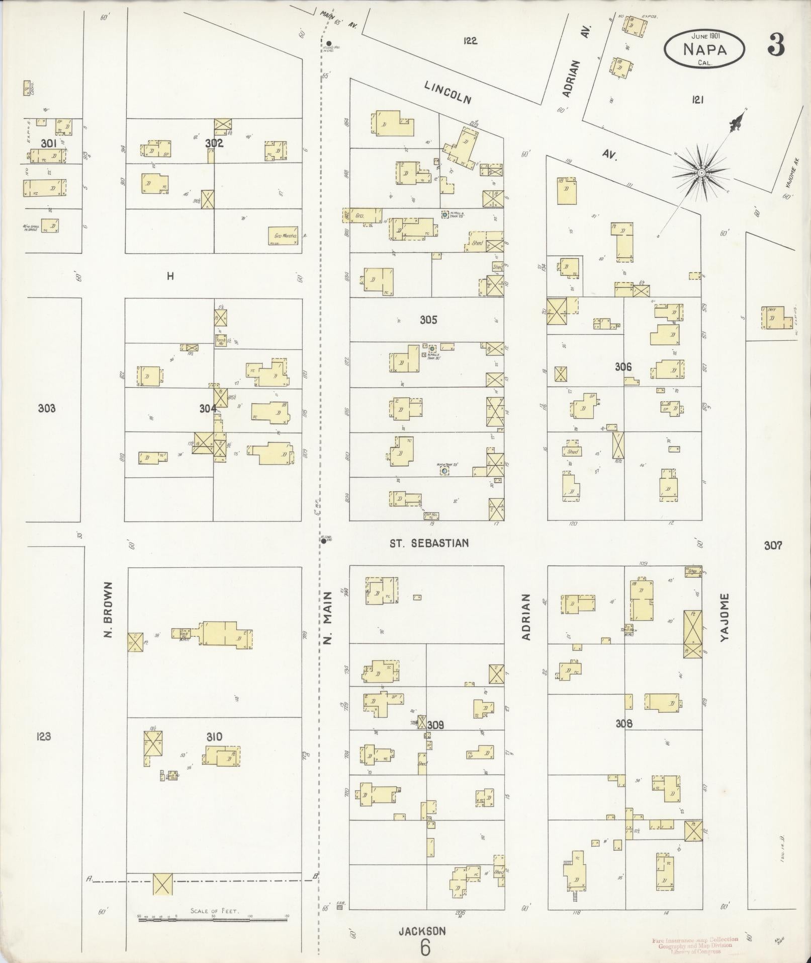 Sanborn Fire Insurance Map from Napa, Napa County, California (1901), Sheet #0003 - Complete Map Set gallery image, historic Sanborn map, vintage wall art, California California