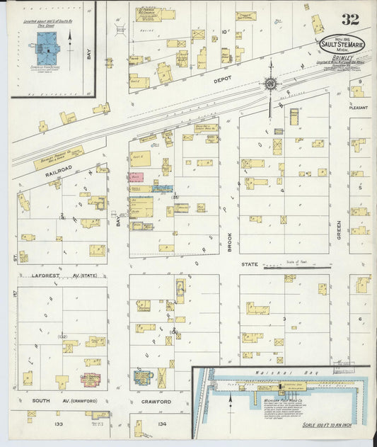 Sanborn Fire Insurance Map from Sault Sainte Marie, Chippewa County, Michigan (1915), Sheet #0032 - Historic Sanborn Fire Insurance Map Print, vintage old map wall art, antique decor, genealogy gift, Michigan Michigan map