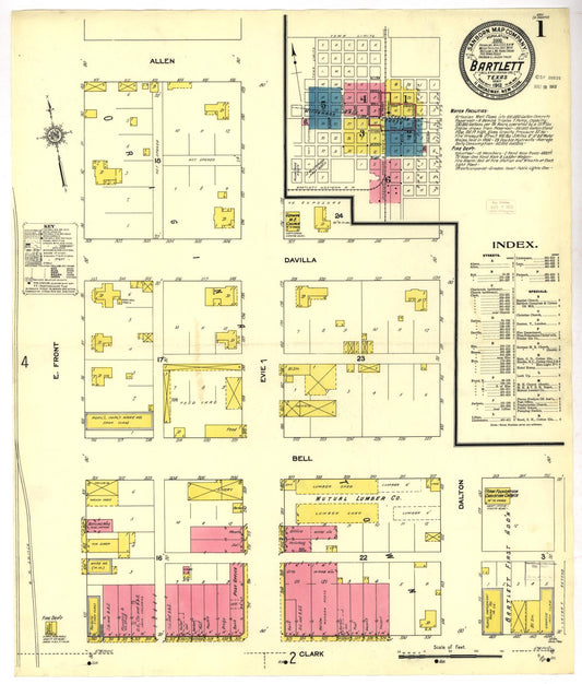 Sanborn Fire Insurance Map from Bartlett, Bell and Williamson Counties, Texas (1912), Sheet #0001 - Historic Sanborn Fire Insurance Map Print, vintage old map wall art, antique decor, genealogy gift, Texas Texas map
