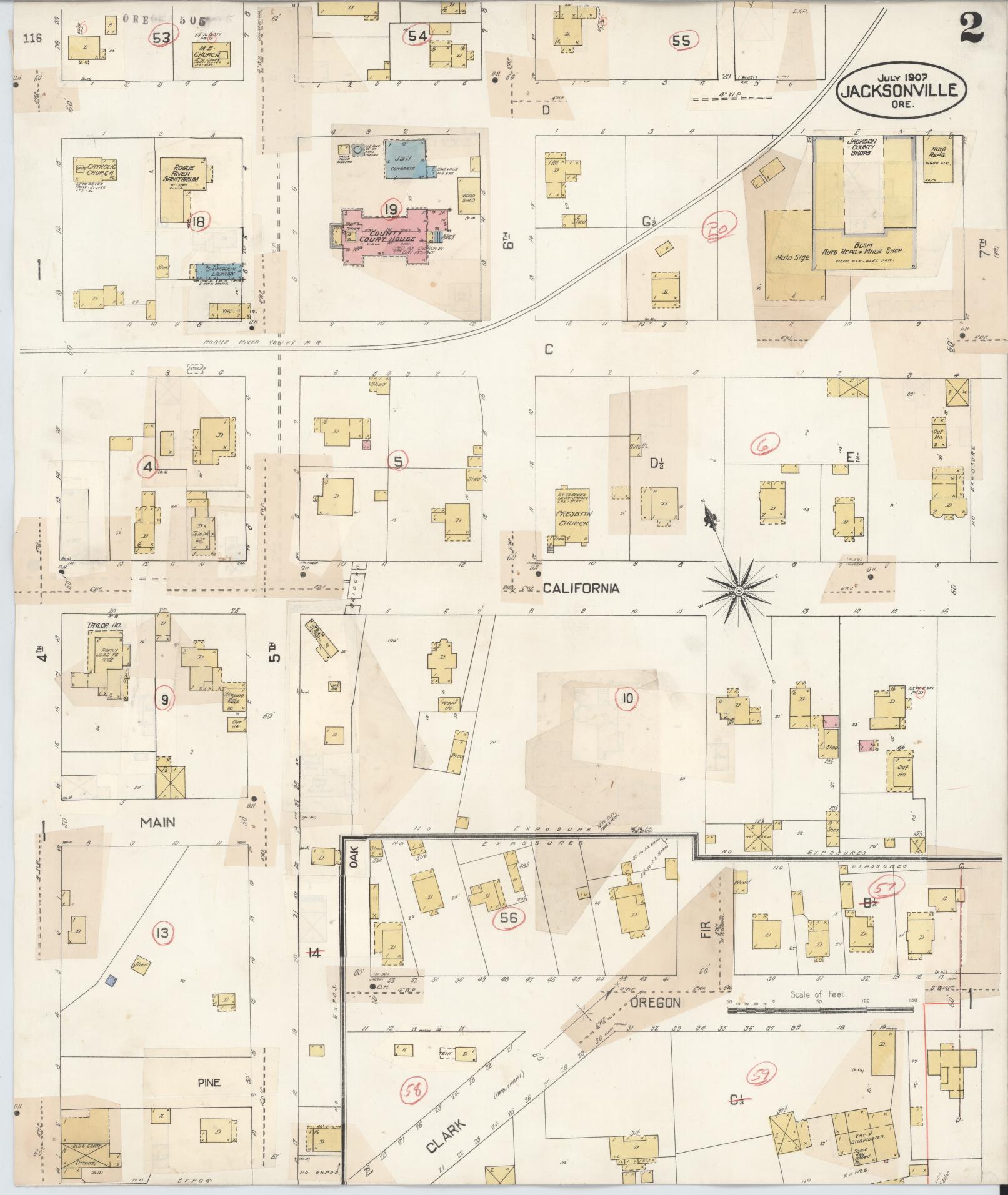 Sanborn Fire Insurance Map from Jacksonville, Jackson County, Oregon (1930), Sheet #0002 - Historic Sanborn Fire Insurance Map Print, vintage old map wall art, antique decor, genealogy gift, Oregon Oregon map